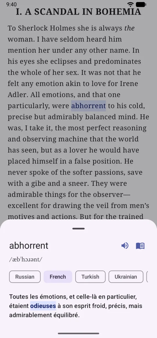 Tap a word — the sentence, the aligned word, the pronunciation.